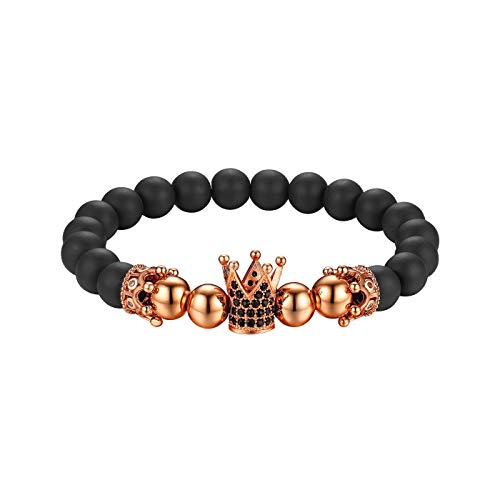 Flongo Energiearmband Kugelkette Lava Mala Herren Armband Damen Armreif Stein Kugel Perlen Armkette mit Krone Schwarz Rose Gold für Männer Frauen Flongo Energiearmband Kugelkette Lava Mala Herren Armband Damen Armreif Stein Kugel Perlen Armkette mit Krone Schwarz Rose Gold für Männer Frauen von Flongo