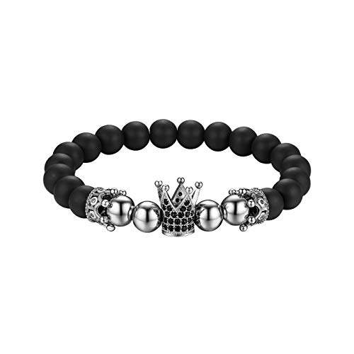 Flongo Energiearmband Kugelkette Lava Mala Herren Armband Damen Armreif Stein Kugel Perlen Armkette mit Krone Schwarz Silber für Männer Frauen von Flongo