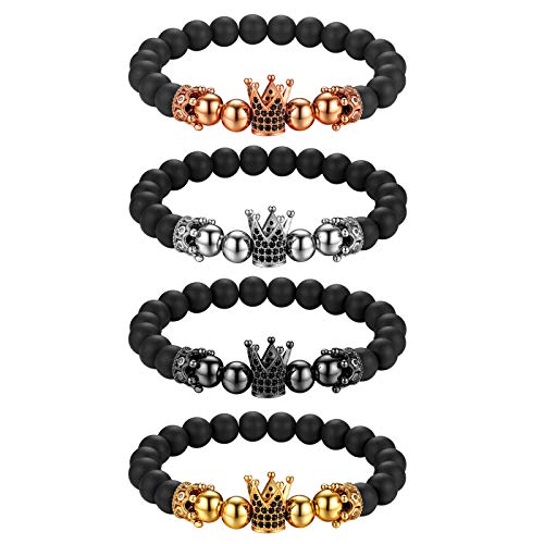Flongo Energiearmband Kugelkette Lava Mala Herren Armband Damen Armreif Stein Kugel Perlen Armkette mit Krone Schwarz für Männer Frauen 4er Set von Flongo