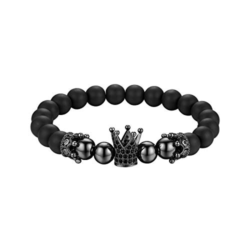 Flongo Energiearmband Kugelkette Lava Mala Herren Armband Damen Armreif Stein Kugel Perlen Armkette mit Krone Schwarz für Männer Frauen von Flongo