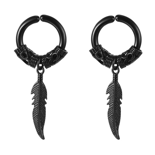 Flongo Fake Ohrringe ohne loch: Damen Huggie Hoop Feder ohrclips schwarz Creolen ohne ohrloch Feather Non-Pierced Ohrklemme Ohr Clips Earrings Gothic Edelstahl wikinger Schmuck Geschenk Frauen Herren von Flongo