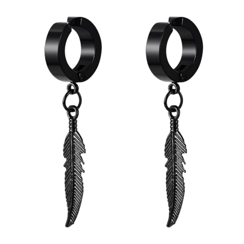 Flongo Fake Ohrringe ohne loch: Damen Huggie Hoop Feder ohrclips schwarz Creolen ohne ohrloch Feather Non-Pierced Ohrklemme Ohr Clips Earrings Gothic Edelstahl wikinger Schmuck Geschenk Frauen Herren von Flongo