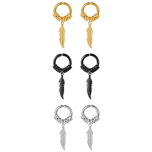 Flongo Fake Ohrringe ohne loch: Damen Huggie Hoop Feder ohrclips schwarz gold silber Creolen ohne ohrloch Feather Ohrklemme Ohr Clips Earrings Gothic Edelstahl wikinger Schmuck Geschenk Frauen Herren von Flongo