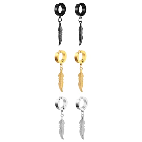 Flongo Fake Ohrringe ohne loch: Damen Huggie Hoop Feder ohrclips schwarz gold silber Creolen ohne ohrloch Feather Ohrklemme Ohr Clips Earrings Gothic Edelstahl wikinger Schmuck Geschenk Frauen Herren von Flongo