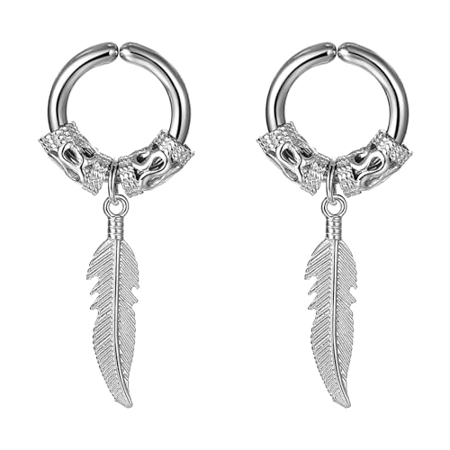 Flongo Fake Ohrringe ohne loch: Damen Huggie Hoop Feder ohrclips silber Creolen ohne ohrloch Feather Non-Pierced Ohrklemme Ohr Clips Earrings Gothic Edelstahl wikinger Schmuck Geschenk Frauen Herren von Flongo