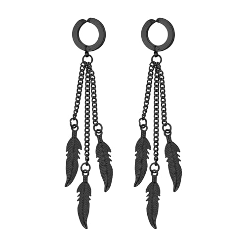 Flongo Feder Anhänger Ohrringe Unisex: Schwarz fake plug Ohne Ohrlöcher Ohrklemme Edelstahl Gothic Huggie Creolen 3 Fersen Feder Anhänger Viking Punk Biker Ohranhänger Herren Damen von Flongo
