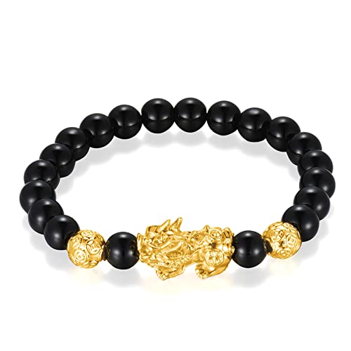 Flongo Feng Shui Pixiu Reichtumsarmband glückliches Kugel Armband aus Achat, verstellbares elastisches Perlenarmband für Männer Frauen Stil D von Flongo