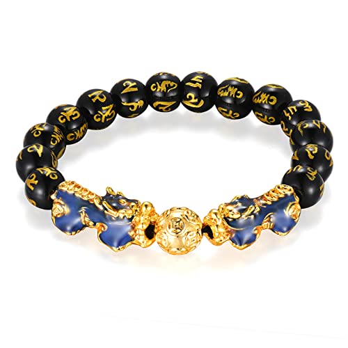 Flongo Feng Shui Pixiu Reichtumsarmband glückliches Kugel Armband aus Achat, verstellbares elastisches Perlenarmband für Männer Frauen Stil E von Flongo