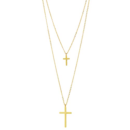 Flongo Frauen Pullover Halskette Damen Mehrschicht Doppel-Kreuz Anhänger Klobige Choker E-Girl Schmuck Emo Gotik Kette Gold von Flongo