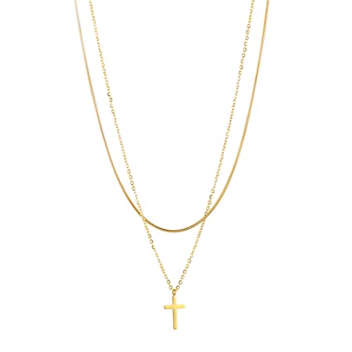 Flongo Frauen Pullover Halskette Damen Mehrschicht Kreuz Anhänger Klobige Choker E-Girl Schmuck Emo Gotik Kette Gold von Flongo