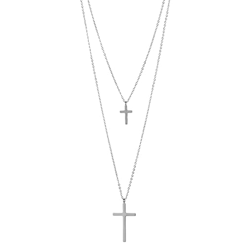 Flongo Frauen Pullover Halskette Mehrschicht Doppel-Kreuz Anhänger Klobige Choker E-Girl Schmuck Emo Gotik Kette Silber von Flongo