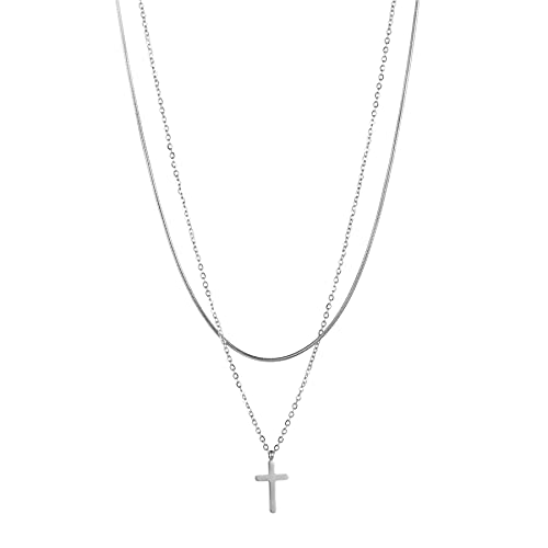 Flongo Frauen Pullover Halskette Mehrschicht Kreuz Anhänger Klobige Choker E-Girl Schmuck Emo Gotik Kette Silber von Flongo