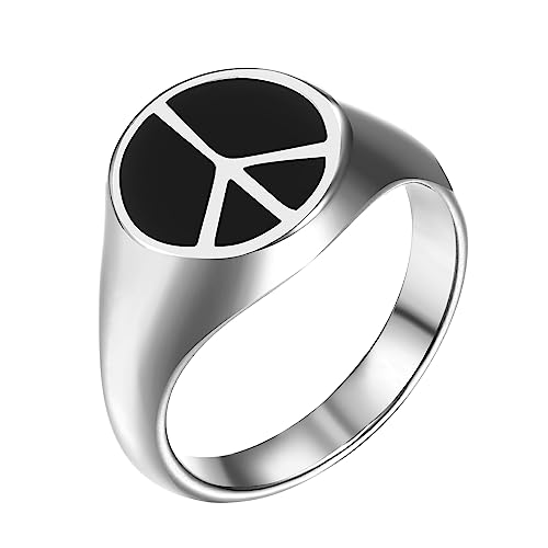 Flongo Friedenzeichen Siegelring Edelstahl Siegel Ring Vintage Frieden Ringe Peace 60er 70er Jahren Hippie Accessoire Knöchelringe stapelbar Fingerringe Bandring für Damen Herren Silber von Flongo