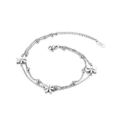 Flongo Fußkettchen Freundschaftsarmband, Freundschaftsarmbänder für 2 Edelstahl Armband Armkette Fußkette mit Kamille Blumen Kügelchen Silber Elegant Damen von Flongo