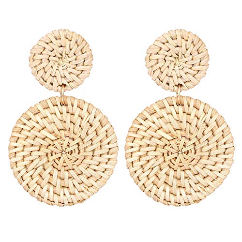 Flongo Gewebte Rattan Damen Ohrringe Bommel Troddel Tropfen Quaste Frauen Ohrringe Böhmische Handgemachte Weidenstroh Kreis Tropfen für Sommer Strand Modell B von Flongo