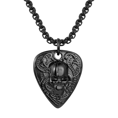 Flongo Gitarren Plektrum Halskette für Herren: Schwarz Totenkopf Punk Rock Edelstahl Anhänger mit Gravuroption - Personalisierte Gitarrenpick Halter Kette - Musik Geschenk für Gitarristen von Flongo