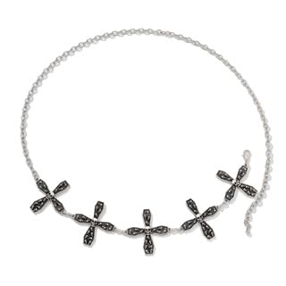 Flongo Gothic Kreuz Bauchkette für Damen: Totenkopf - Halloween Körperkette - Verstellbarer Taillengürtel - Edelstahl Körperschmuck - Silber Hüftkette für Partys - Länge 90cm - Gothic Accessoire von Flongo