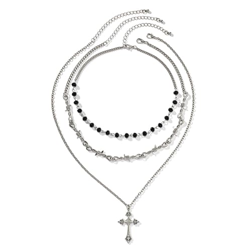 Flongo Gothic Kreuz Halskette für Damen: Stacheldraht und Kristallperlen - Mehrlagige Kette - Halloween Schmuck Set - Edelstahl Choker mit Glas Perlen - Verstellbare Länge - Gothic Schmuck von Flongo