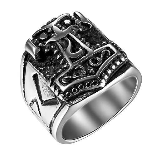 Flongo Groß Breit Edelstahl Band Ring Bandring Schwarz Silber Thors Hammer Siegelring Gotik Motorradfahrer Biker Herren, Ringgröße 54MM von Flongo