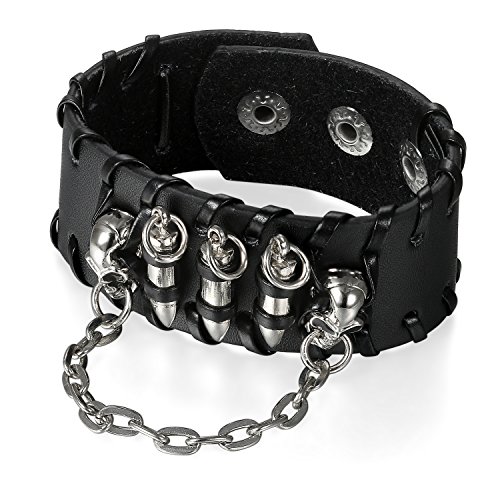 Flongo Groß Breit Leder Armband Lederarmband Armreif Manschette Schwarz Silber Gewehrkugel Patronenhülse Geschoss Kugel Kette Motorradfahrer Punk Rock Gotik Halloween Verstellbar Herren von Flongo