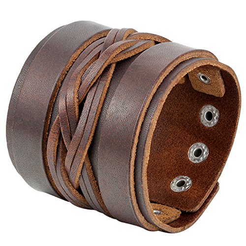 Flongo Groß Breit Leder Echtleder Armband Armreif Manschette Braun Silber Geflochten Druckknopf Motorradfahrer Biker Herren von Flongo