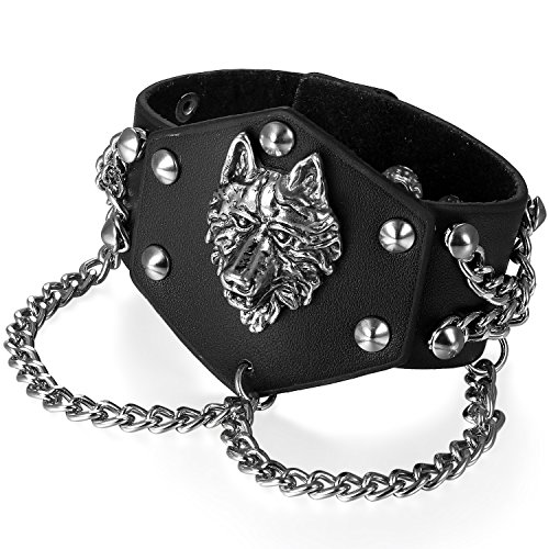 Flongo Lederarmband Herren Armband Männer Armreif Groß Breit Leder Armband Manschette Schwarz Silber Löwenkopf Nieten Kette Motorradfahrer Punk Gotik Halloween Party Verstellbar von Flongo