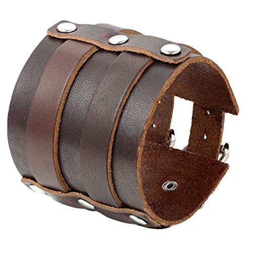 Flongo Groß Breit Metalllegierung Legierung Leder Echtleder Armband Armreif Manschette Braun Silber Motorradfahrer Biker Einstellbar Verstellbar Herren, 20,5-25CM von Flongo