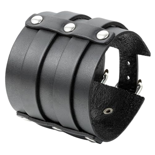 Flongo Groß Breit Metalllegierung Legierung Leder Echtleder Armband Armreif Manschette Schwarz Silber Motorradfahrer Biker Einstellbar Verstellbar Herren, 20,5-25CM von Flongo