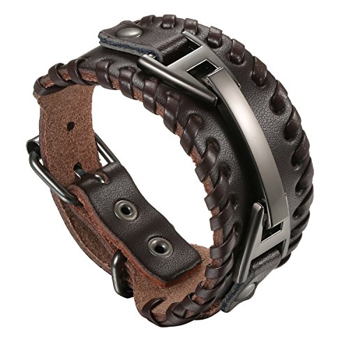 Flongo Lederarmband Männer Groß Armband Herren Armreif, Leder Armband Armreif Manschette Braun Metall Verstellbar Motorradfahrer Biker Herren-Accessoires von Flongo