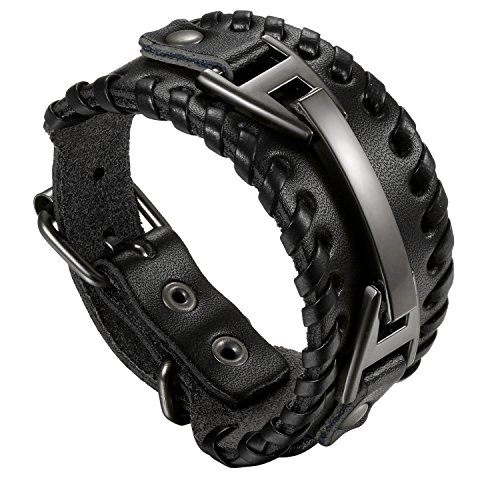 Flongo Lederarmband Männer Groß Armband Herren Armreif, Leder Armband Armreif Manschette Schwarz Silber Metall Verstellbar Motorradfahrer Biker Herren-Accessoires von Flongo