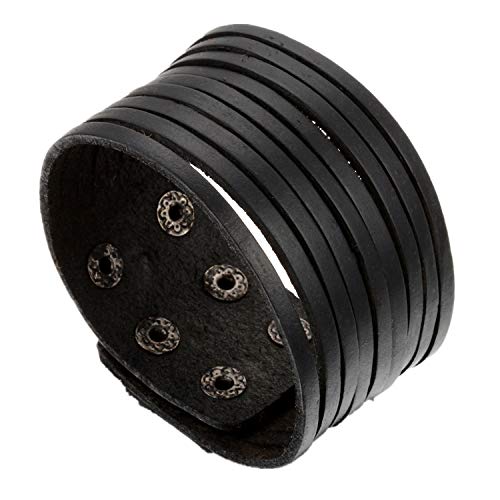 Flongo Herrenarmband Männer Armreif Lederarmband Surferarmband groß breit Biker Armband Manschette Schwarz Punk Rock Einstellbar von Flongo