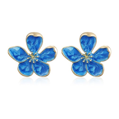 Flongo Große Blumen Ohrringe für Damen: Blau Statement Blüten Ohrstecker 3D - Moderne Flower Earrings Floral - Leichte Metall Ohrschmuck - Fashion Schmuck für Frauen - Blumenohrringe 29mm von Flongo