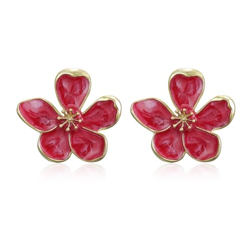 Flongo Große Blumen Ohrringe für Damen: Rot Statement Blüten Ohrstecker 3D - Moderne Flower Earrings Floral - Leichte Metall Ohrschmuck - Fashion Schmuck für Frauen - Blumenohrringe 29mm von Flongo