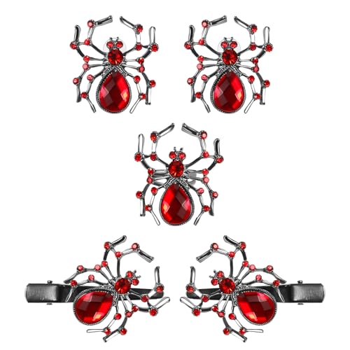 Flongo Halloween Spinne Rubin Schmuckset: 3 Stück Ringe Ohrringe Haarclip rubin Rot Spider Schmuck Set Gothic Halloween Horror Spinne Kostüm Party Hexe Nachtclub Zubehör von Flongo