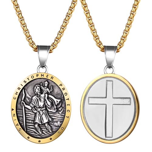 Flongo Heiliger Christoph Halskette für Herren: Kreuz Saint Christopher Medaillon Schwarz Gold Anhänger Heilige Anthony Symbol Reiseschutz Katholisch religiös Kette Glücksbringer Schutz Amulett Flongo Heiliger Christoph Halskette für Herren: Kreuz Saint Christopher Medaillon Schwarz Gold Anhänger Heilige Anthony Symbol Reiseschutz Katholisch religiös Kette Glücksbringer Schutz Amulett von Flongo