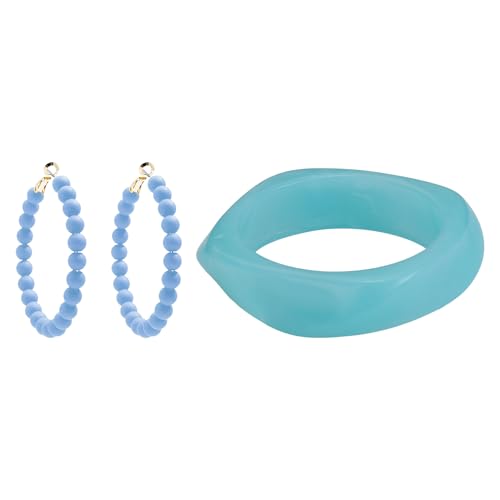 Flongo Hellblaue Perlen Armband für Damen: 2 Stück Acryl Kreolen Ohrringe mit Armreif - 80er Jahre Retro Schmuck - Geometrisches Design - Minimalistischer Modeschmuck - Party Accessoires von Flongo