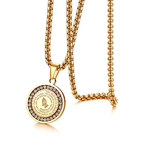 Flongo Herren Anhänger Männer Kette, Edelstahl Halskette Kette mit Betende Hände Christian Praying Hands Englisch Bibel Anhänger Gold Golden Medaillon Accessoires Herrenschmuck von Flongo