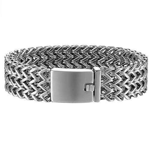 Flongo Herren Armband, 19mm Breit Groß Edelstahl Armband Armreif Cuban Curb Gliederkette Francokette Armkette Fahrradkette Motorradkette Silber Biker für Männer Accessoires Herrenschmuck von Flongo