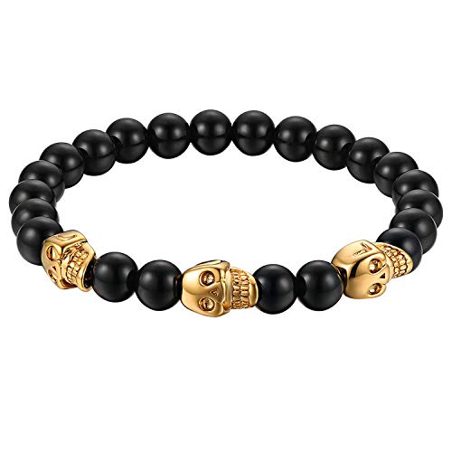 Flongo Herren Armband, 8mm Glas Edelstahl Armband Armreif Link Handgelenk Silber Schwarz Gold Totenkopf Schädel Gebet Kugel Perle Perlen Punk Biker Herren von Flongo