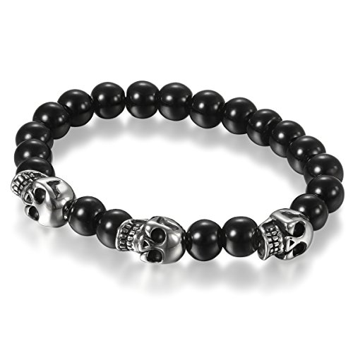 Flongo Herren Armband, 8mm Glas Edelstahl Armband Armreif Link Handgelenk Silber Schwarz Gold Totenkopf Schädel Gebet Kugel Perle Perlen Punk Biker Herren von Flongo