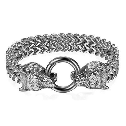 Flongo Herren Armband, Groß Edelstahl Armband Armreif Cuban Curb Gliederkette Francokette Armkette Wolf Kopf Fahrradkette Motorradkette Silber Biker Männer Accessoires Herrenschmuck von Flongo