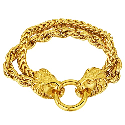 Flongo Herren Armband Edelstahl mehrere Ketten Hip-Hop-Stil Popularität Armband für Männer, Jugendliche einzigartiges Design Doppelter Löwenkopf von Flongo