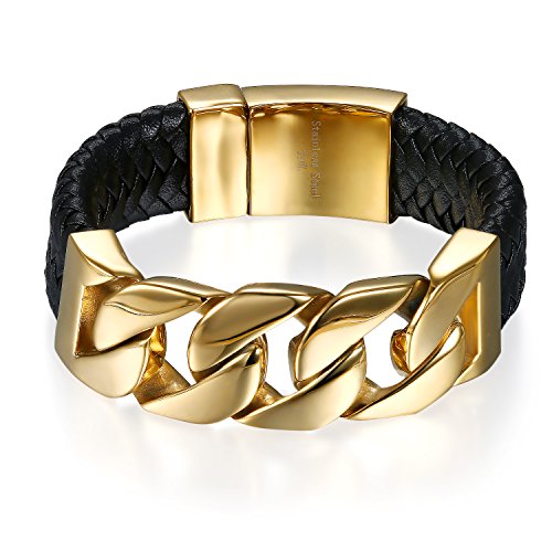 Flongo Herren-Armband Herrenkette Lederband, Breit Edelstahl Gold Farbe Panzerkette Fahrradketten schwarz geflochtenes Lederarmband Motorradfahrer Biker Herren Männer Accessoires von Flongo