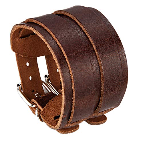 Flongo Herren Armband Lederarmband Männer Armreif Breite Leder Echtleder Armband Manschette Braun Silber Kordelkette Motorradfahrer Biker Einstellbar von Flongo