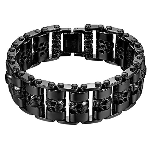 Flongo Herren-Armband Männer Armband, Große Schwer Breit Edelstahl Armband Link Handgelenk Silber Schwarz Gold Totenkopf Schädel Motorradfahrer Biker Herren-Accessoires von Flongo