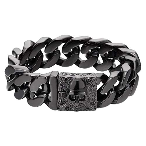 Flongo Herren-Armband Männer Armband Groß Panzerkette, Breit Edelstahl Armband Cuban Curb Kette Fahrradkette Schwarz Totenkopf Schädel Motorradfahrer Biker Herren-Accessoires von Flongo