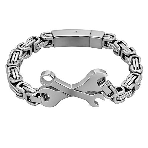 Flongo Herren-Armband Männer Armband Königskette Herrenkette Mechaniker Schraubenschlüssel Fahrradkette Motorradfahrer Biker Herren-Accessoires Silber von Flongo