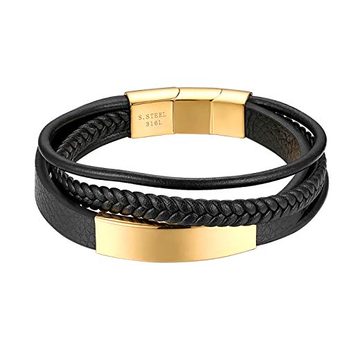 Flongo Herren Armband Männer Armreif Damen Lederarmband Personalisierbare Armbänder, Leder-Armband Kette Schwarz Gold mit Kostenloser Wunschgravur von Flongo