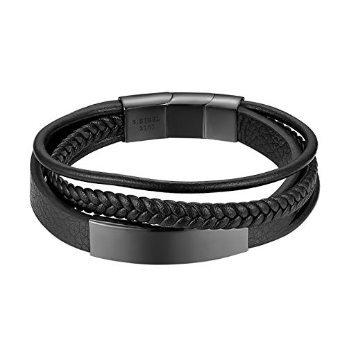 Flongo Herren Armband Männer Armreif Damen Lederarmband Personalisierbare Armbänder, Leder-Armband Kette Schwarz mit Kostenloser Wunschgravur von Flongo