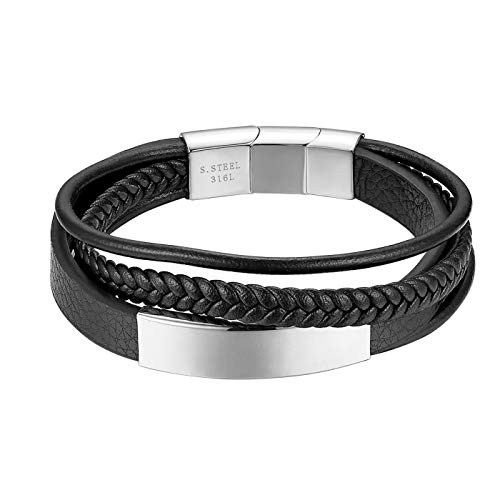 Flongo Herren Armband Männer Armreif Damen Lederarmband Personalisierbare Armbänder, Leder-Armband Kette Silber Schwarz mit Kostenloser Wunschgravur von Flongo